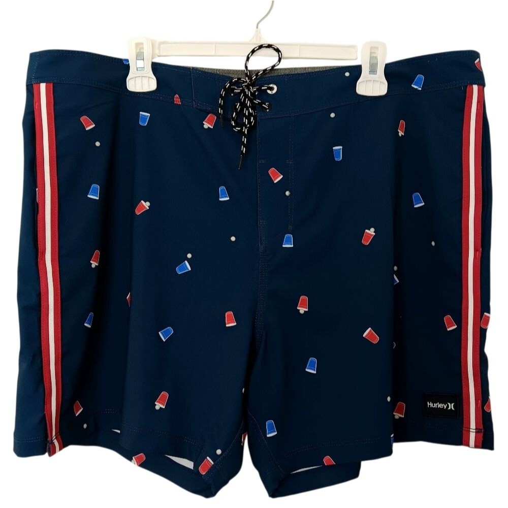 HURLEY Phantom Navy Blue Board Shorts Size 38 Patriotic Red Blue Cup Print